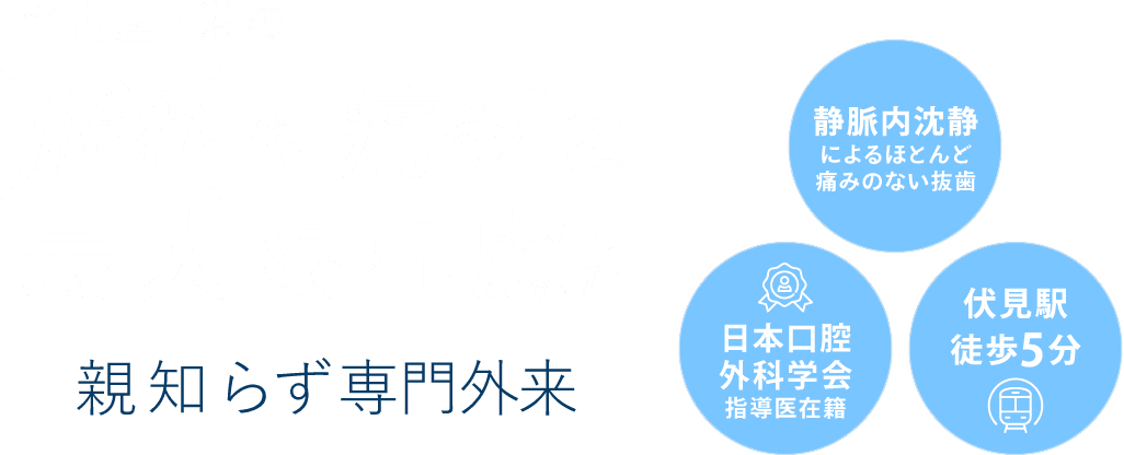 名古屋・栄の腫れや痛みに最大限配慮した親知らず専門外来 静脈内鎮静によるほとんど痛みのない抜歯・日本口腔外科学会指導医が在籍・伏見駅徒歩5分